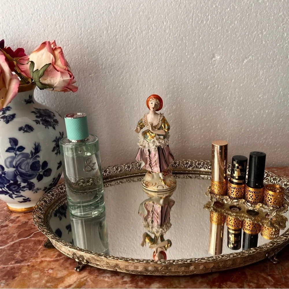 Vintage ornate vanity tray /table top stand mirror. Oval